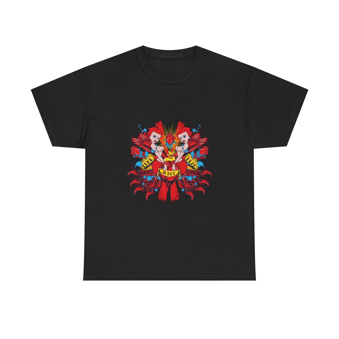 Luxury Heartfelt Rebellion T-shirt in black showcasing striking cherubs holding a vivid heart, complemented by captivating graphic design and a bold anti statement.