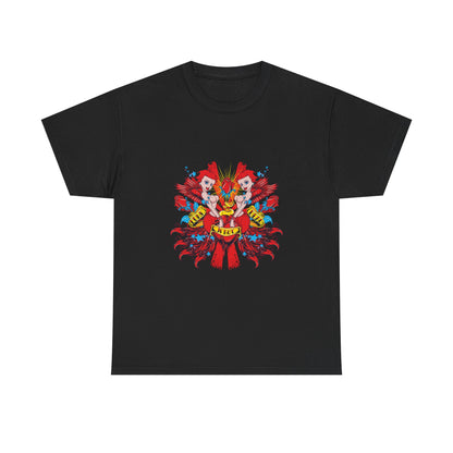 Luxury Heartfelt Rebellion T-shirt in black showcasing striking cherubs holding a vivid heart, complemented by captivating graphic design and a bold anti statement.