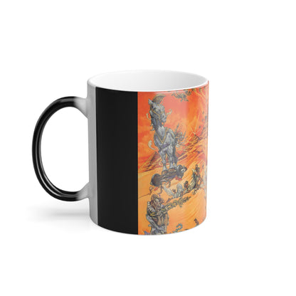 Elegant view of the Discworld Pyramids Color Morphing Mug displaying intricate artwork that emerges when filled with hot beverages, merging style with functionality.
