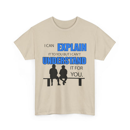Front view of a chic beige men's t-shirt adorned with a playful graphic reading 'I Can Explain' in striking blue, perfect for a relaxed yet stylish look.