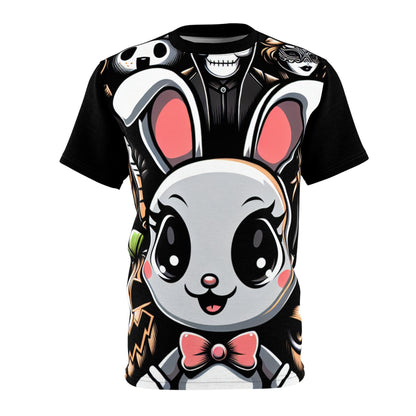 Whimsy Whispergore Tee featuring chic cartoon horror scene by Dazzling Dreams Studio on elegant black fabric.