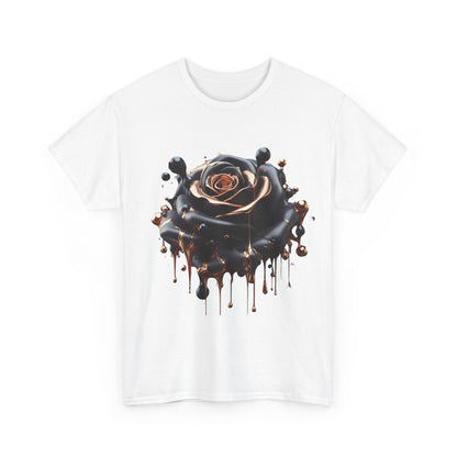 Close-Up Abstract Rose Unisex Cotton Tee Graphic T Shirt featuring a striking artistic rose design in dark colours with molten elements against a white background.