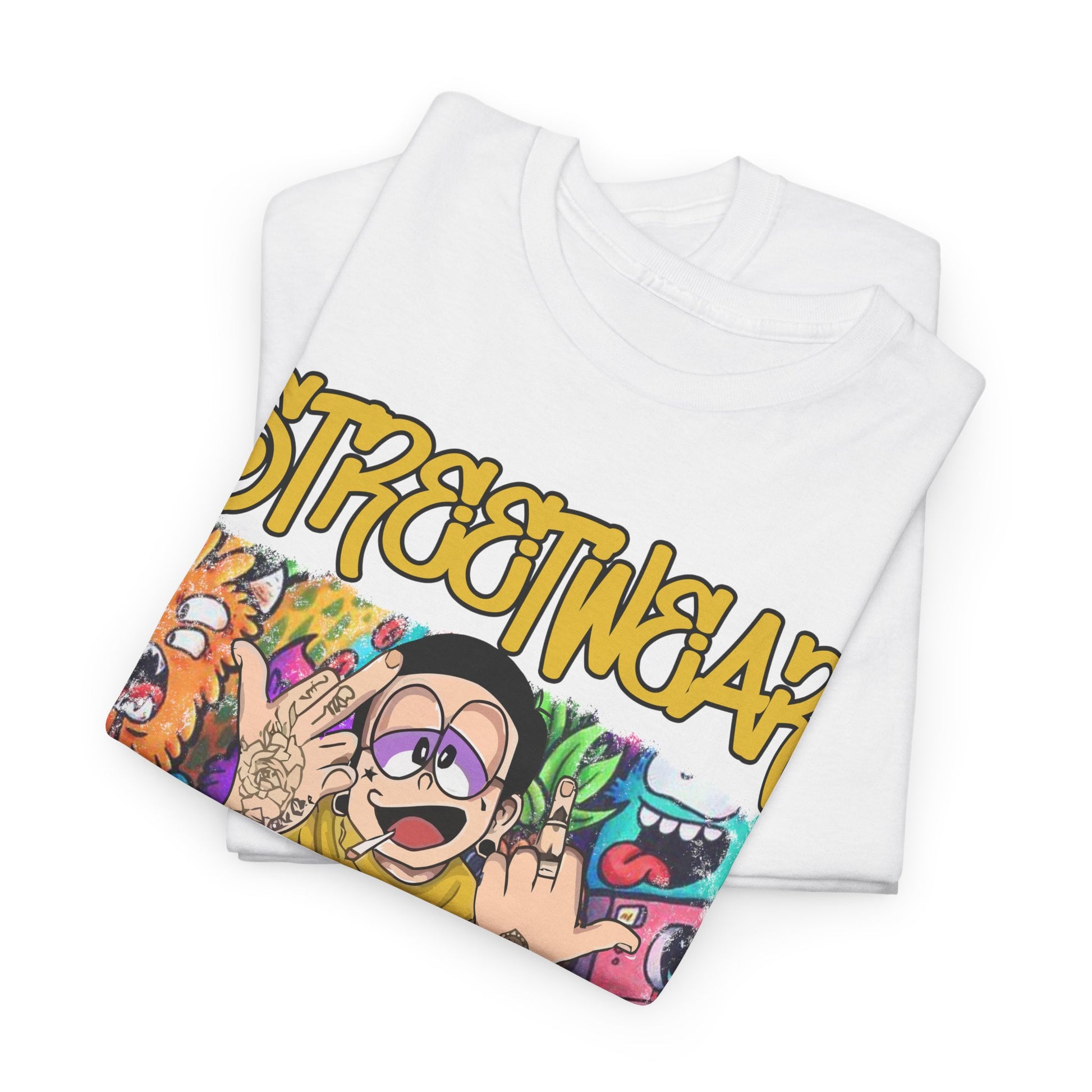 Stacked white streetwear t-shirts displaying a striking cartoon graphic, symbolising casual luxury and contemporary style.