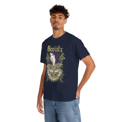 Stylish model wearing a luxurious men's graphic t-shirt featuring a Day of the Dead design, emphasising intricate artwork and bold styling, perfect for a trendy casual look.