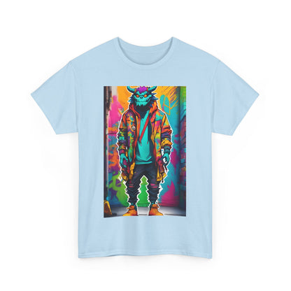 Front view of the Street Monster Graphic T-Shirt in light blue featuring a vibrant graphic of a stylish monster in urban apparel, ideal for a statement look in contemporary fashion.