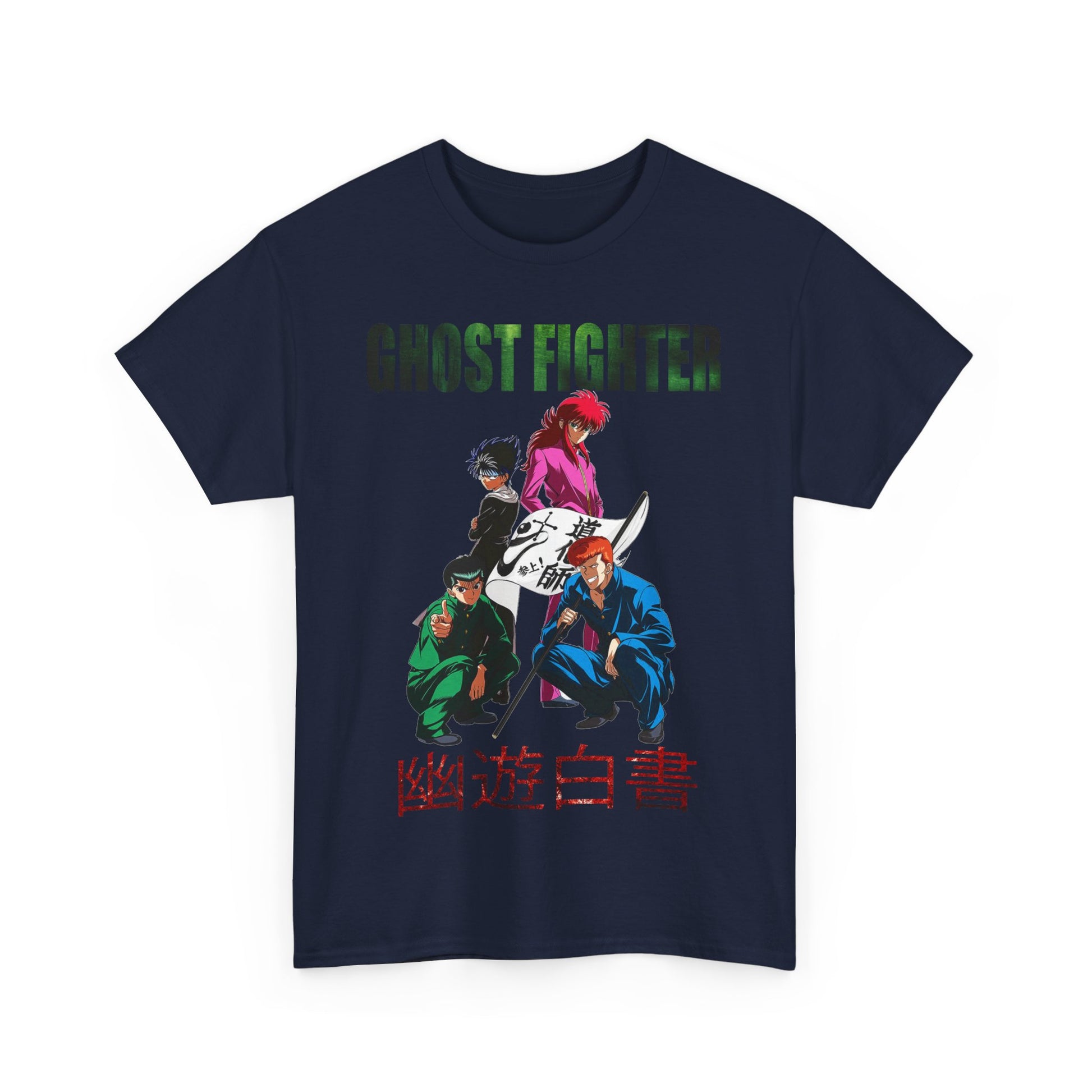 Luxurious Ghost Fighter graphic T-shirt in navy, featuring vibrant anime character designs and bold typography, ideal for making a fashionable statement in any wardrobe.