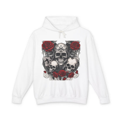 Front view of a Unisex Lightweight Hooded Sweatshirt adorned with a unique designer skull and roses graphic, epitomizing elegance and bold fashion.