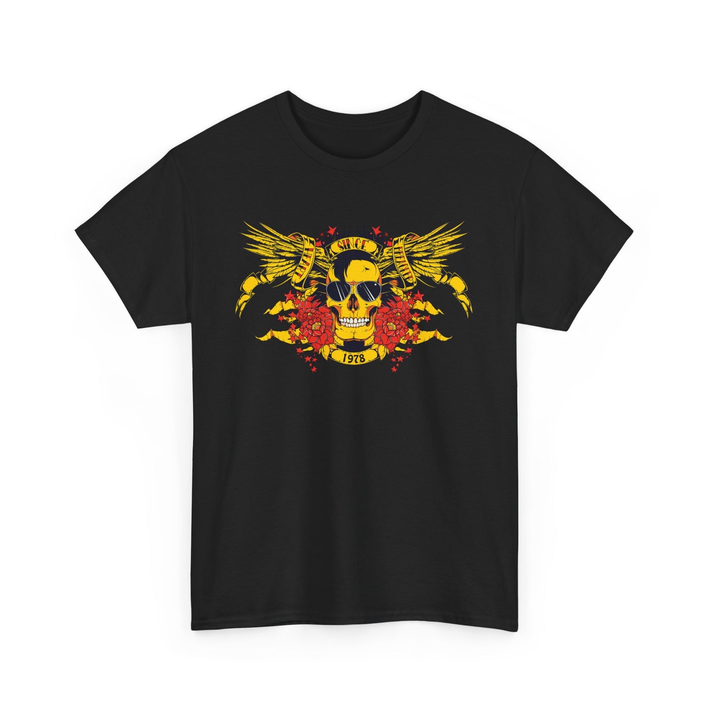 Chic black t-shirt featuring an eye-catching design with a yellow skull, golden wings, and vibrant floral details, perfect for a bold yet refined look.