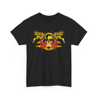 Luxurious black t-shirt featuring a striking yellow skull graphic adorned with majestic wings and vibrant red flowers, accented with the year '1978', perfect for making a bold fashion statement.
