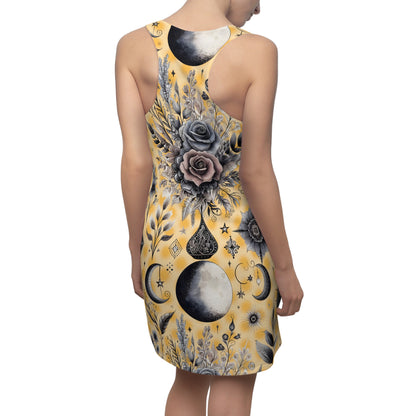 Back view of the Chic Women's Designer Racerback Dress, highlighting its stylish floral and moon designs, ideal for casual outings and elevating summer fashion.