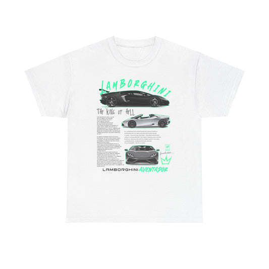 Elegant Lamborghini Aventador men's t-shirt in white, showcasing dynamic graphics and sophisticated typography. The artwork highlights multiple angles of the Aventador, celebrating its legendary performance and exquisite craftsmanship.