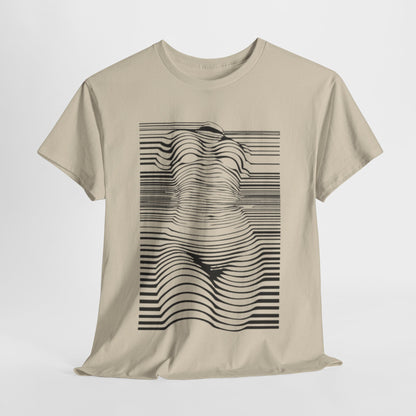 Luxury unisex t-shirt featuring a captivating black and white optical illusion design, showcasing a stylised human silhouette among hypnotic lines, perfect for art enthusiasts and bold fashion statements.