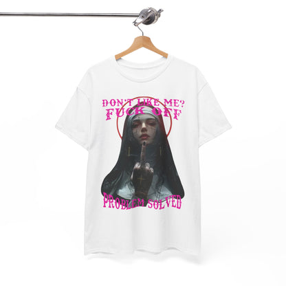 Chic display of a hanging men's t-shirt illustrating an urban Gothic nun theme with intricate tattoos, combined with bold typography declaring 'DON'T LIKE ME? FUCK OFF'.