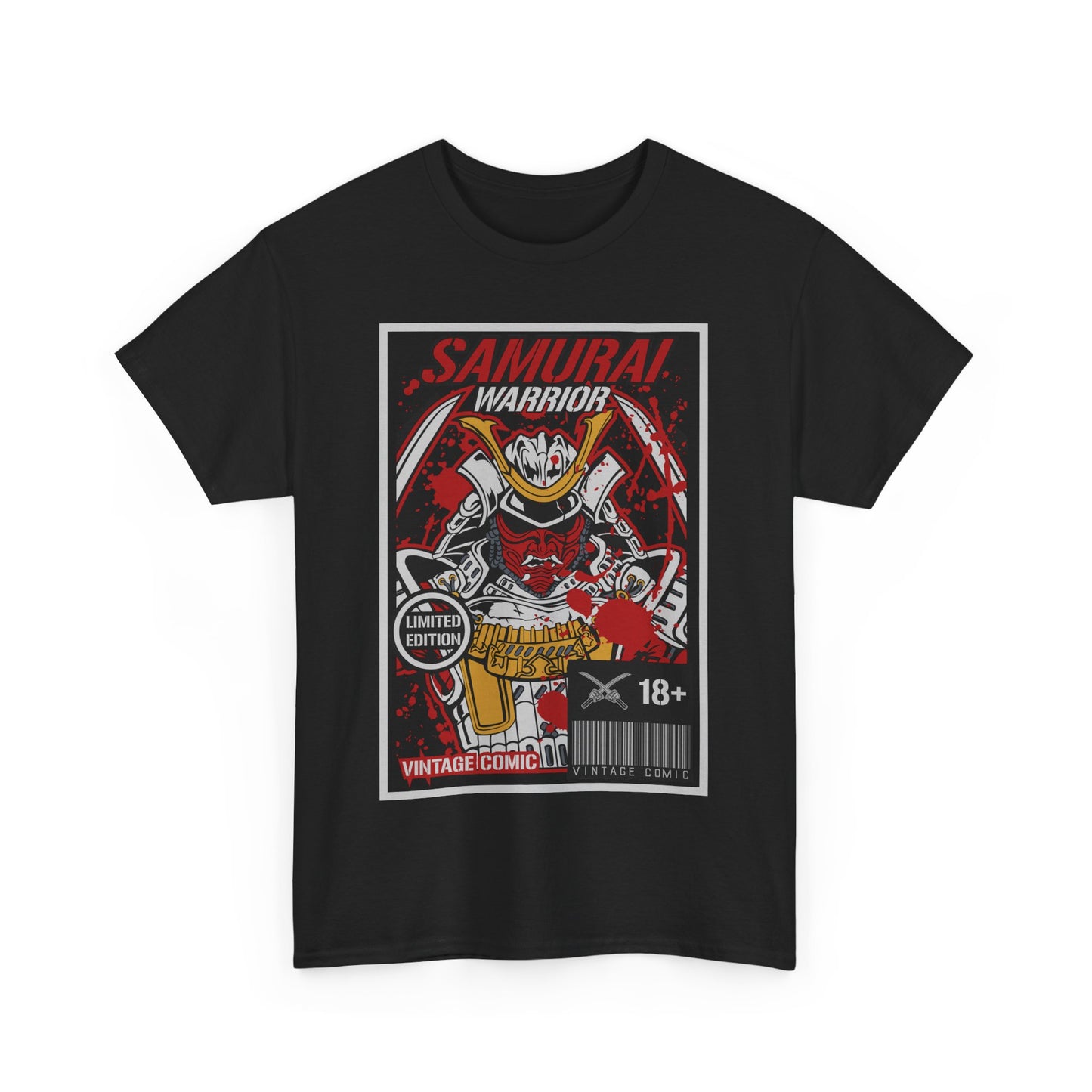 Limited edition vintage comic style graphic t-shirt featuring a bold Samurai Warrior design, showcasing striking red accents against a black background, perfect for making a fashionable statement.