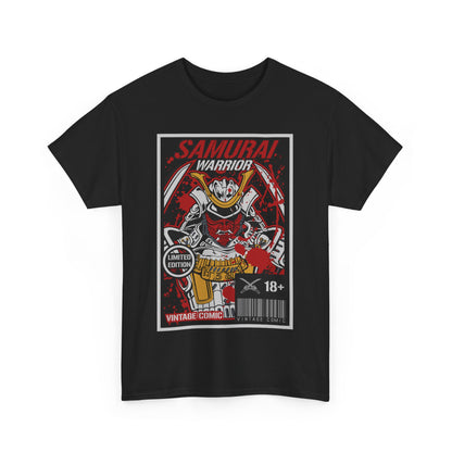 Limited edition vintage comic style graphic t-shirt featuring a bold Samurai Warrior design, showcasing striking red accents against a black background, perfect for making a fashionable statement.