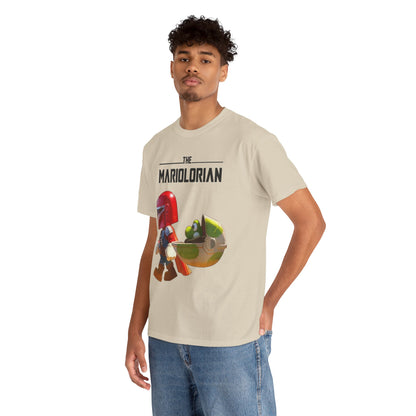 Chic model wearing a 'Mariolorian' graphic t-shirt, with distinctive illustration of a helmeted hero and a green companion, an ideal blend of comfort and style for any casual occasion.