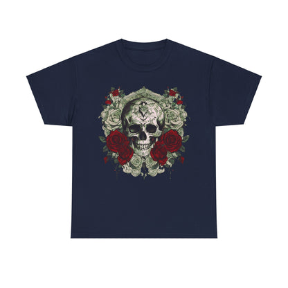Skulls and Roses Cotton Tee featuring a striking steampunk design with an intricate skull surrounded by exquisite roses, perfect for fashion-forward individuals.