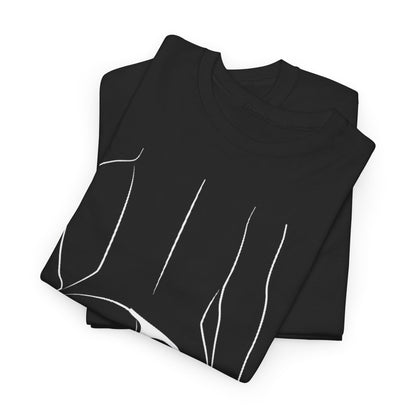 Stylish black unisex T-shirt featuring a minimalist white line drawing on black cotton, showcasing an elegant silhouette that exudes playful sophistication.