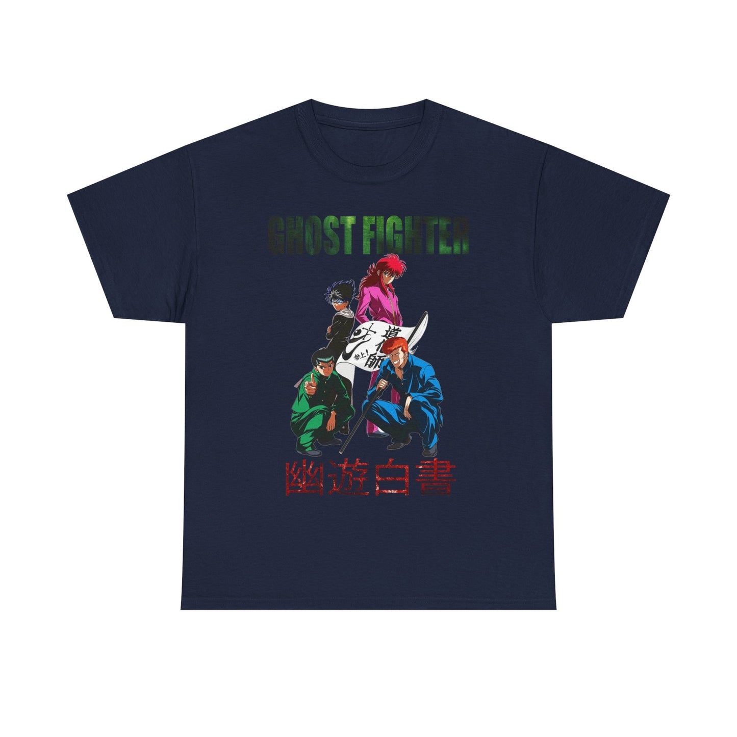 Refined navy Ghost Fighter graphic T-shirt featuring beloved anime characters, designed for those who desire a blend of comfort and style.