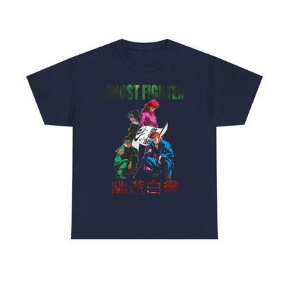 Refined navy Ghost Fighter graphic T-shirt featuring beloved anime characters, designed for those who desire a blend of comfort and style.