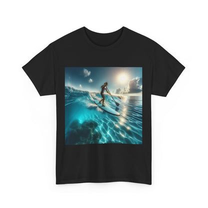 Versatile wear of the Delightful Paddle Board T-Shirt during a beach outing, illustrating its casual elegance by Dazzling Dreams Studio.