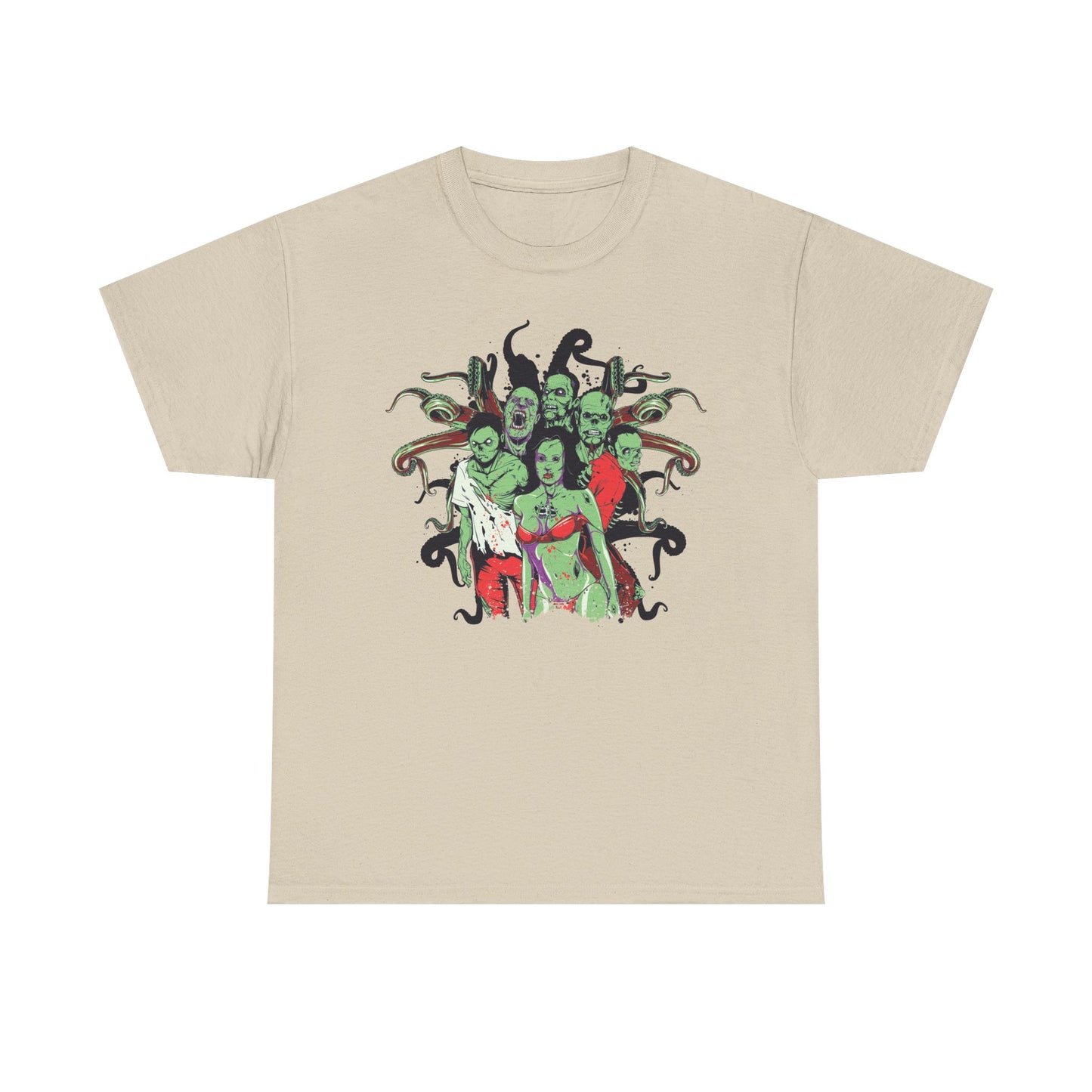 Elegant beige men's t-shirt adorned with a vivid undead ensemble in a cartoon style, providing a chic twist on horror-themed fashion.