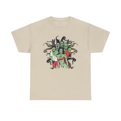 Elegant beige men's t-shirt adorned with a vivid undead ensemble in a cartoon style, providing a chic twist on horror-themed fashion.