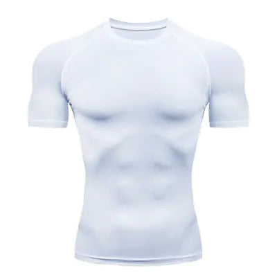 Elegant white performance compression short sleeve workout shirt for men, crafted from quick-dry spandex, ideal for activewear.