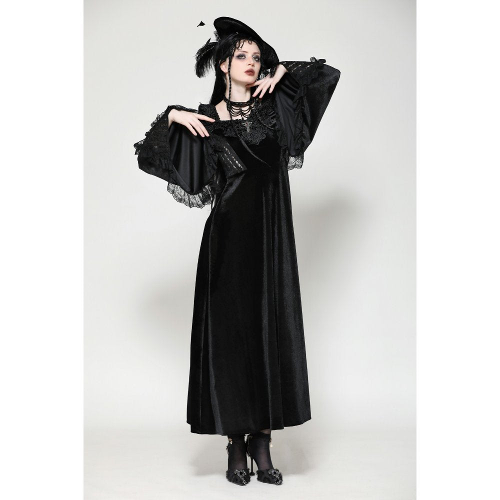 Full view of the Dark In Love Petricka Maxi Dress worn, highlighting the sweetheart neckline and flowing silhouette perfect for gothic elegance.