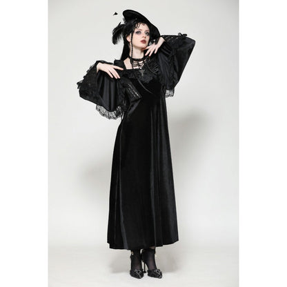 Full view of the Dark In Love Petricka Maxi Dress worn, highlighting the sweetheart neckline and flowing silhouette perfect for gothic elegance.