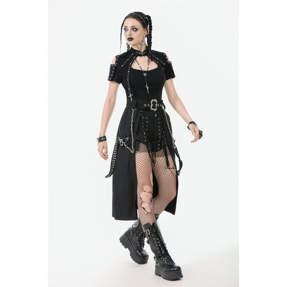 Chic display of the Dark in Love Goth Skirt layered over shorts, highlighting its versatility and unique edgy cut in luxurious black polyester.