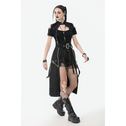 Chic display of the Dark in Love Goth Skirt layered over shorts, highlighting its versatility and unique edgy cut in luxurious black polyester.
