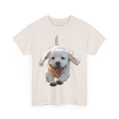 Front view of Leaping Puppy Graphic T-Shirt featuring a vibrant leaping puppy design, perfect for luxury casual wear.