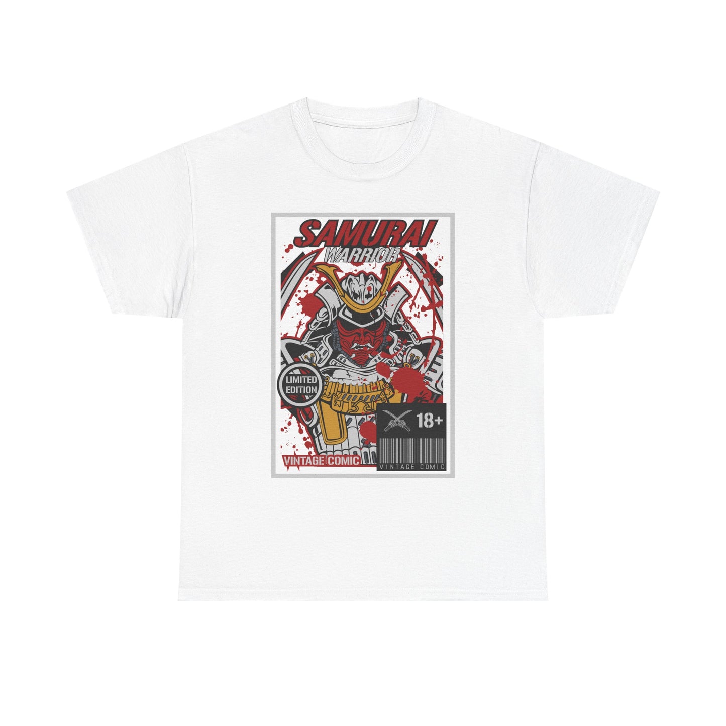 Limited edition men's white T-shirt featuring a striking Samurai Warrior graphic with bold red accents and vintage comic style, perfect for fashion enthusiasts.