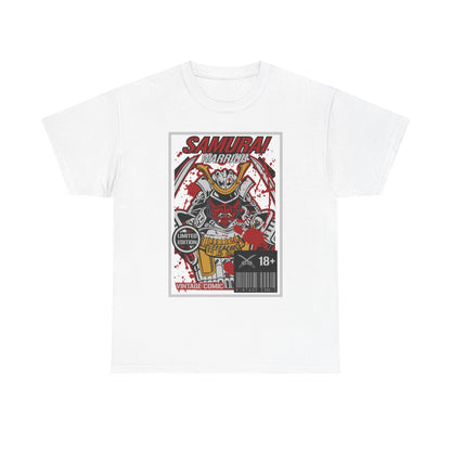Limited edition men's white T-shirt featuring a striking Samurai Warrior graphic with bold red accents and vintage comic style, perfect for fashion enthusiasts.