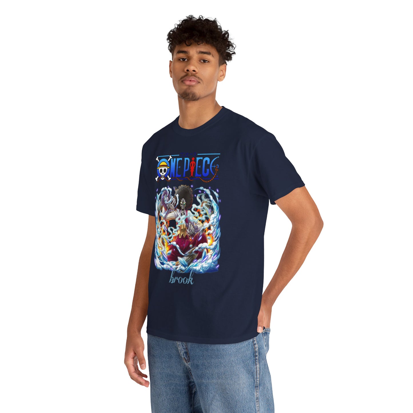 Stylish male model wearing a navy blue t-shirt adorned with a dynamic illustration of Brook from One Piece, perfect for casual or themed events.