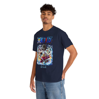Stylish male model wearing a navy blue t-shirt adorned with a dynamic illustration of Brook from One Piece, perfect for casual or themed events.