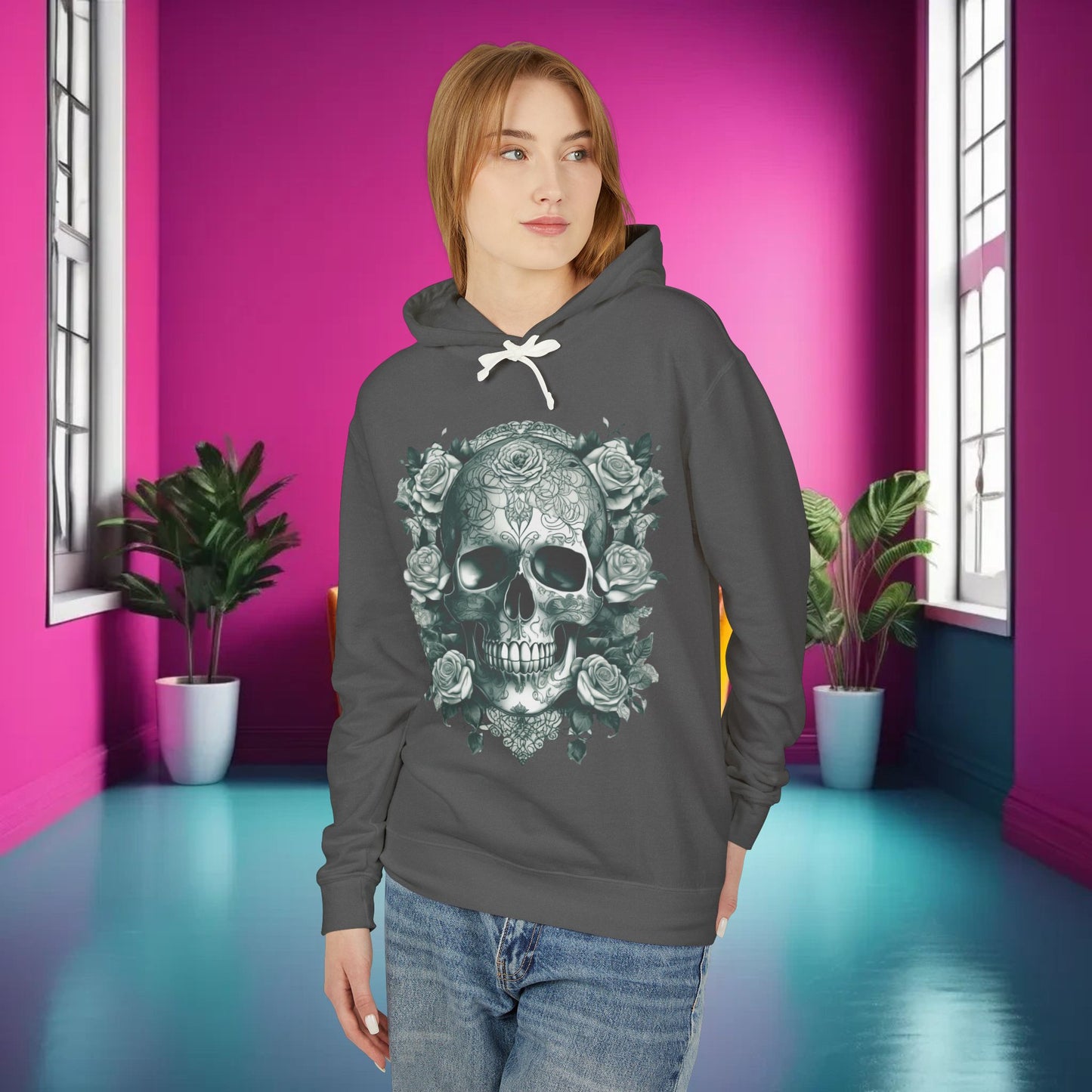 Skull and Roses Lightweight Hoodie, Unisex Edgy Designer Sweatshirt, Hipster