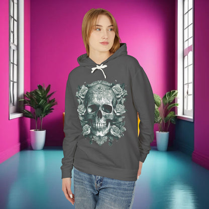 Stylish model wearing the Skull and Roses Lightweight Hoodie, showcasing its unisex edgy designer sweatshirt design against a vibrant pink backdrop, capturing the essence of luxury streetwear.