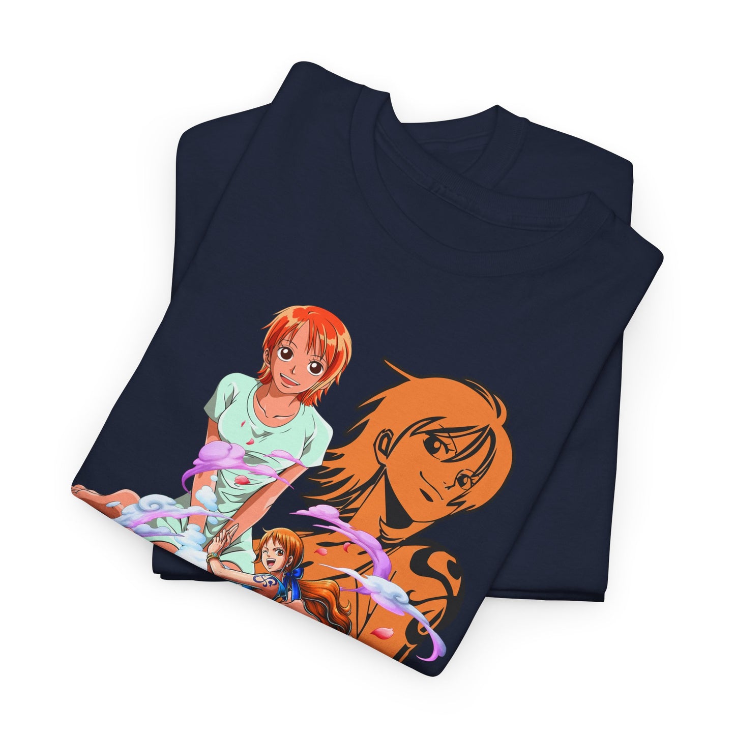 Luxurious navy blue men's t-shirts stacked together, displaying intricate anime designs of Nami from One Piece, showcasing vibrant colours and fine detailing.