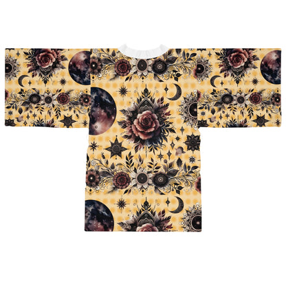 Flat lay of the Floral Kimono Robe, illustrating the exquisite floral and celestial prints, perfect for luxurious loungewear.