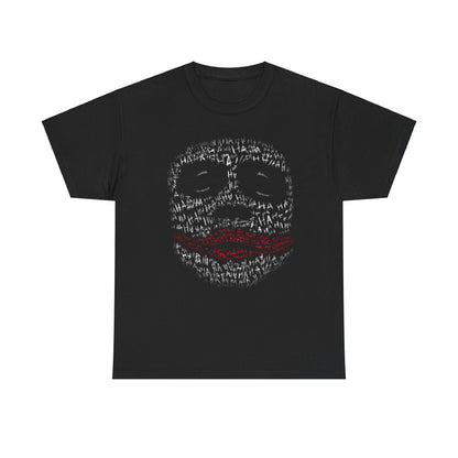 Elegant black tee showcasing an artistic representation of a sinister grin, detailed with contrasting red text and a playful font, perfect for stylish casual wear.