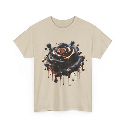 Front view of Close-Up Abstract Rose Unisex Cotton Tee Graphic T Shirt featuring an artistic black rose with lustrous molten accents, ideal for artistic expression.