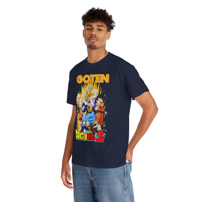 High-quality navy blue T-shirt featuring dynamic Dragon Ball Z characters including Goten, in a stylish design that captures the energy of legendary anime battles.