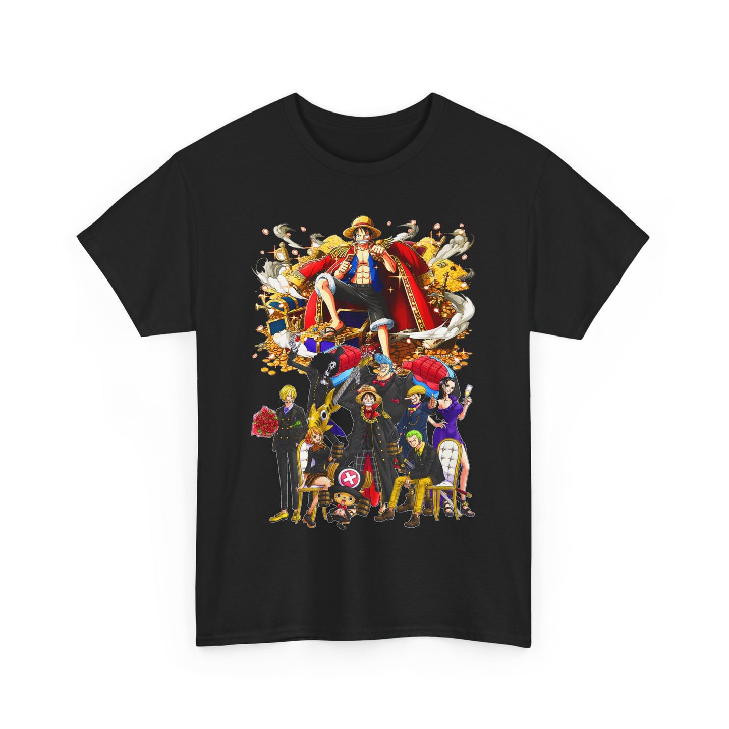 Luxurious Adventure Crew T-Shirt featuring vibrant anime art design with iconic characters and a treasure theme, perfect for fashion-forward men.