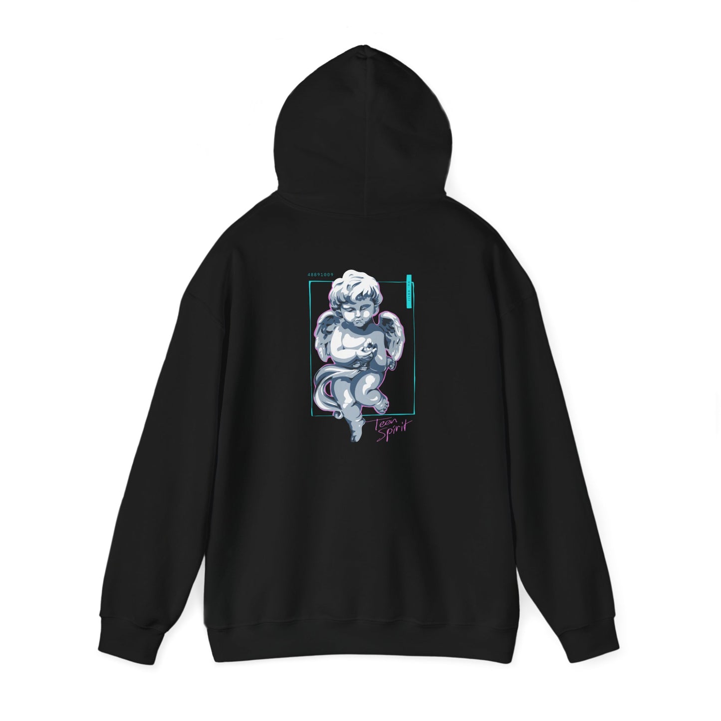 Refined black hoodie with an artistic cherubic angel print on the back, blending comfort with a stylish edge for casual wear.