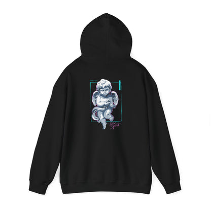 Refined black hoodie with an artistic cherubic angel print on the back, blending comfort with a stylish edge for casual wear.