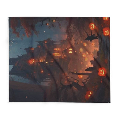 Vibrant view of the Decorative and Warm Halloween Spooky Arctic Fleece Blanket laid flat, highlighting its intricate Halloween-themed pattern and luxurious fabric.