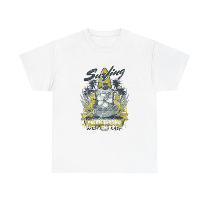 Luxurious vintage-style white graphic tee featuring a bold 'Surfing' print, embellished with a striking hibiscus flower and palm tree design, representing California's surf culture for a sophisticated beach look.