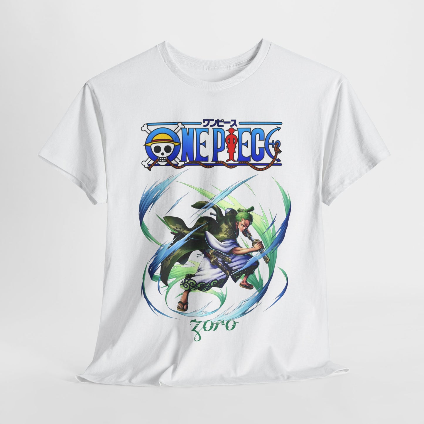 Luxury Epic men's t-shirt featuring a stunning Zoro design from One Piece, crafted with vibrant colours on a white fabric, perfect for anime enthusiasts.